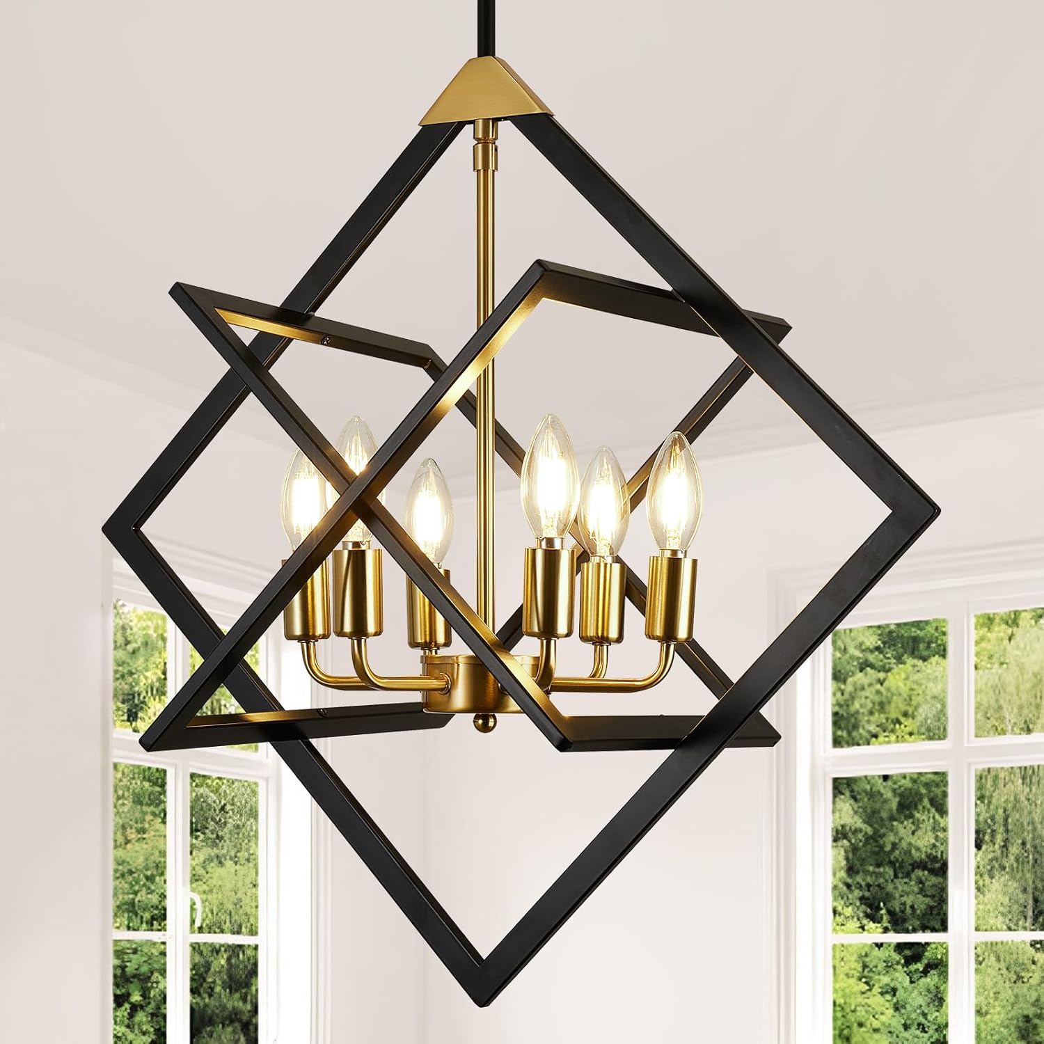 24" Farmhouse Chandelier, 6-Light Geometric Ceiling Dining Room Fixture, Modern Industrial Foyer Lighting Fixtures, Black and Gold Hanging Pendant Lights for Bedroom, Kitchen Island, Hallway, Entryway Black and Gold-24"(Easy to install) 6-Light