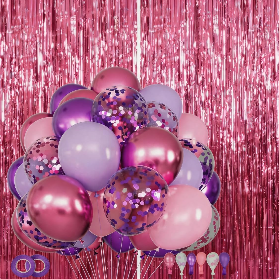 50-Pack Pink & Purple Party Balloon Set - Includes 12" Latex Balloons, 2 sets Foil Fringe Curtain Backdrop & Tinsel Decor, Birthday Party Supplies for Girls Women