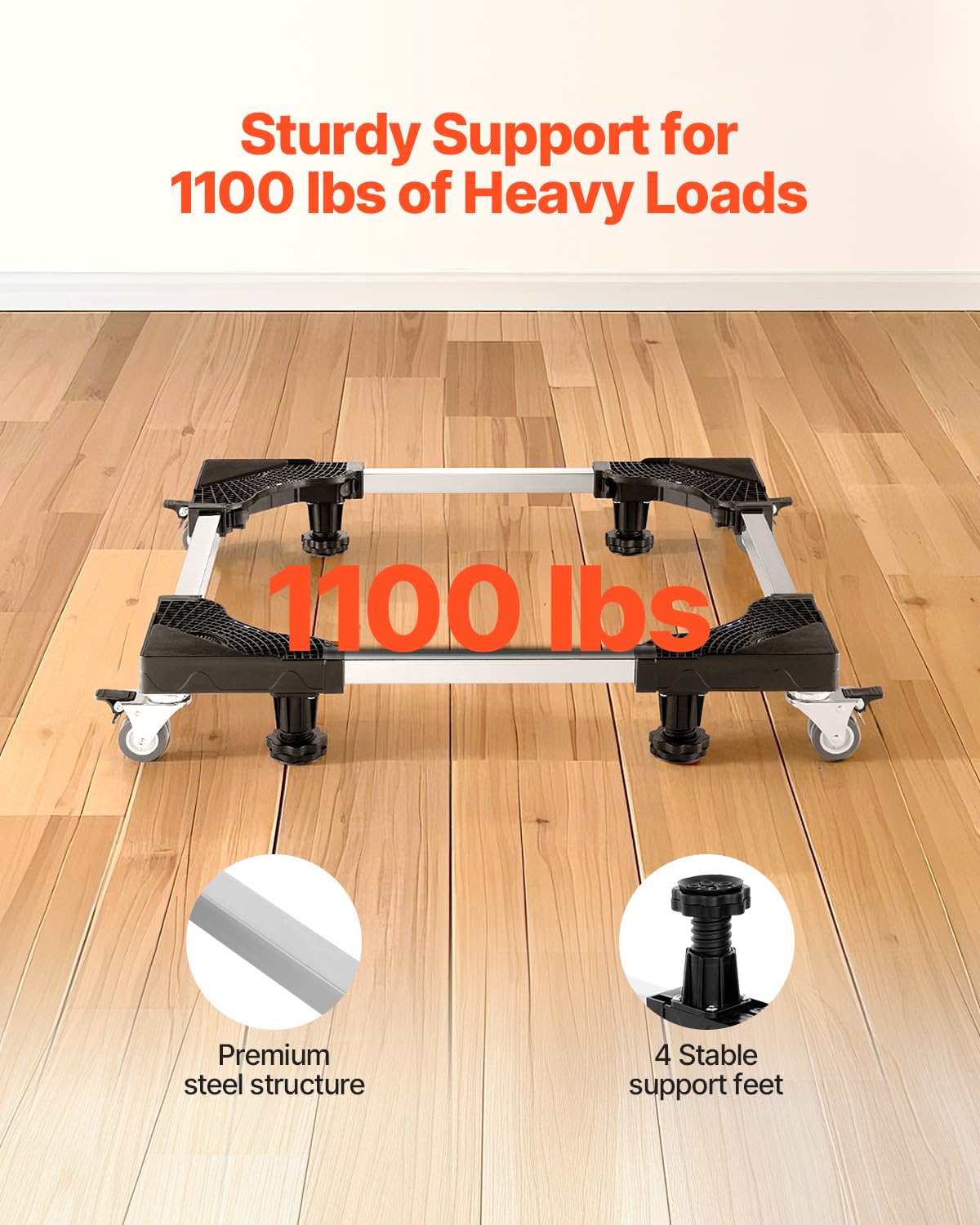VEVOR Base Móvil para Muebles 910 x 910 x 110 mm con 8 Ruedas Gemelas con Bloqueo y 4 Frenos, Capacidad de Carga de 500 kg, Plataforma Rodante Ajustable de 698,5-899,16 mm para Lavadora, Frigorífico