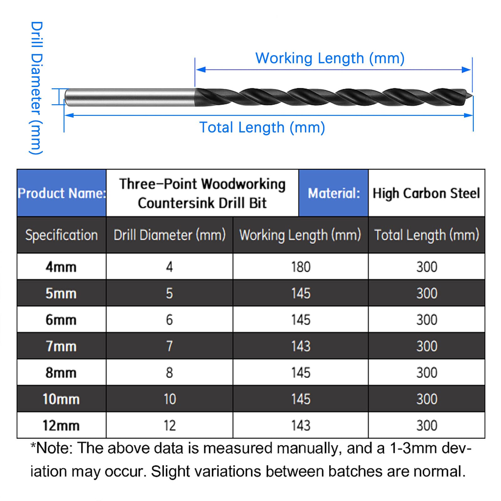 Long Wood Drill Bits 7pcs 300mm Extra Long Hss Drill Bit Wood Three-Point Drill Bit for Carpenter Woodworking Plastic Rubber - Image 2