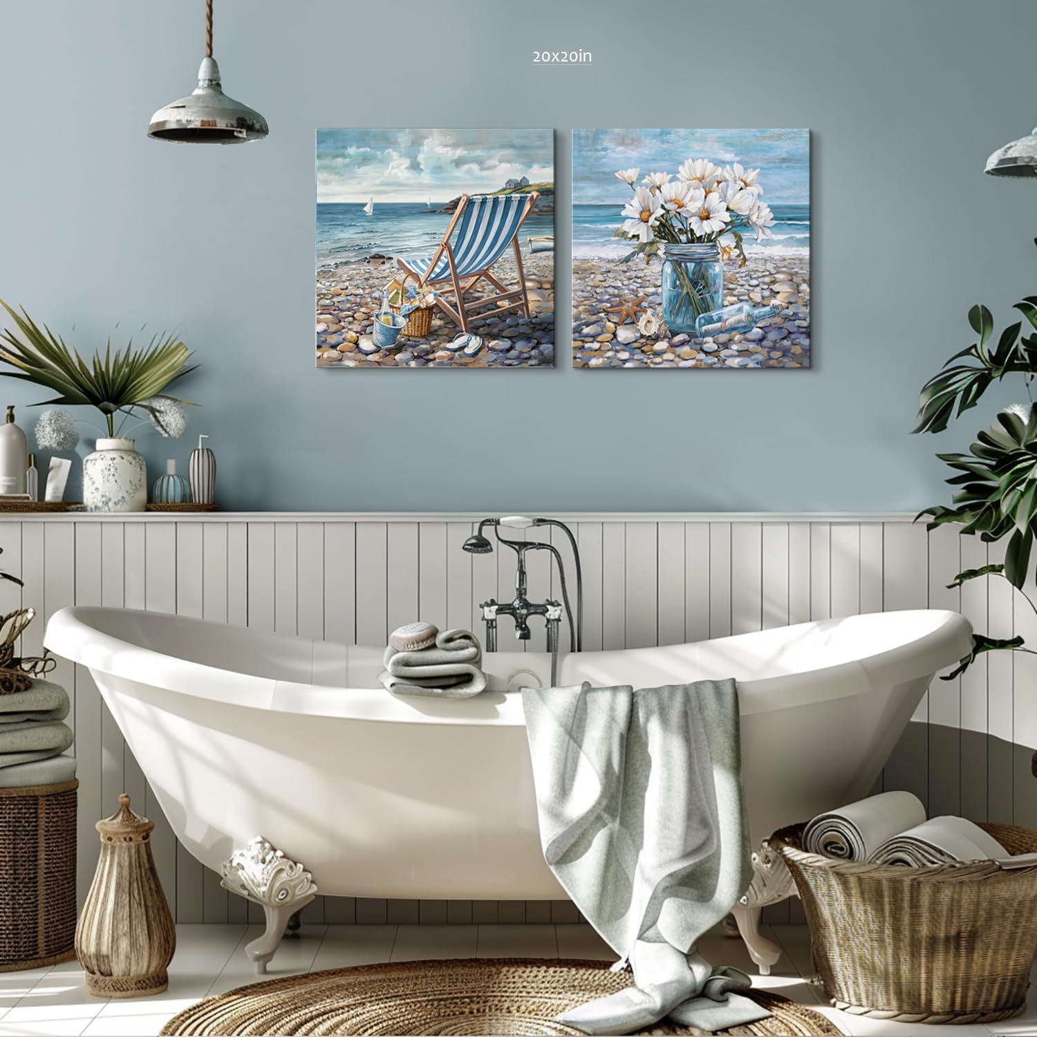 Bathroom Decor Beach Wall Art Ocean Theme Blue Picture Canvas Print Modern Coastal Artwork Framed Hanging Dining Office Living Room