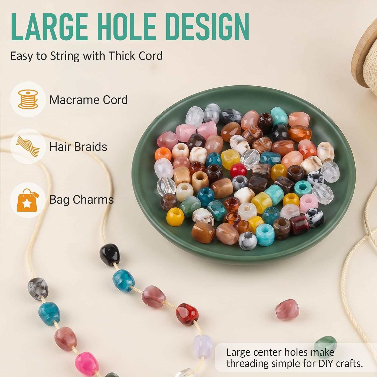 130Pcs Acrylic Large Hole Beads, 5 Styles Mixed 12mm Beads with Large Holes, Macrame Beads, Jumbo Barrel Beads for Hair Braids, Bracelets, Bag Charms, Keychains, Jewelry Making