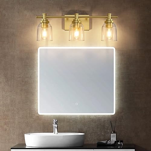 Miniatura 7 de SOLFART Lámparas de baño doradas 3 luces de tocador de baño, lámparas de pared sobre espejo vintage