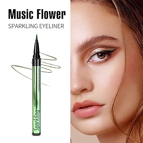 Miniatura 7 de Music Flower Delineador de ojos, delineador líquido impermeable con punta de precisión, delineadores de ojos metálicos de color brillante,