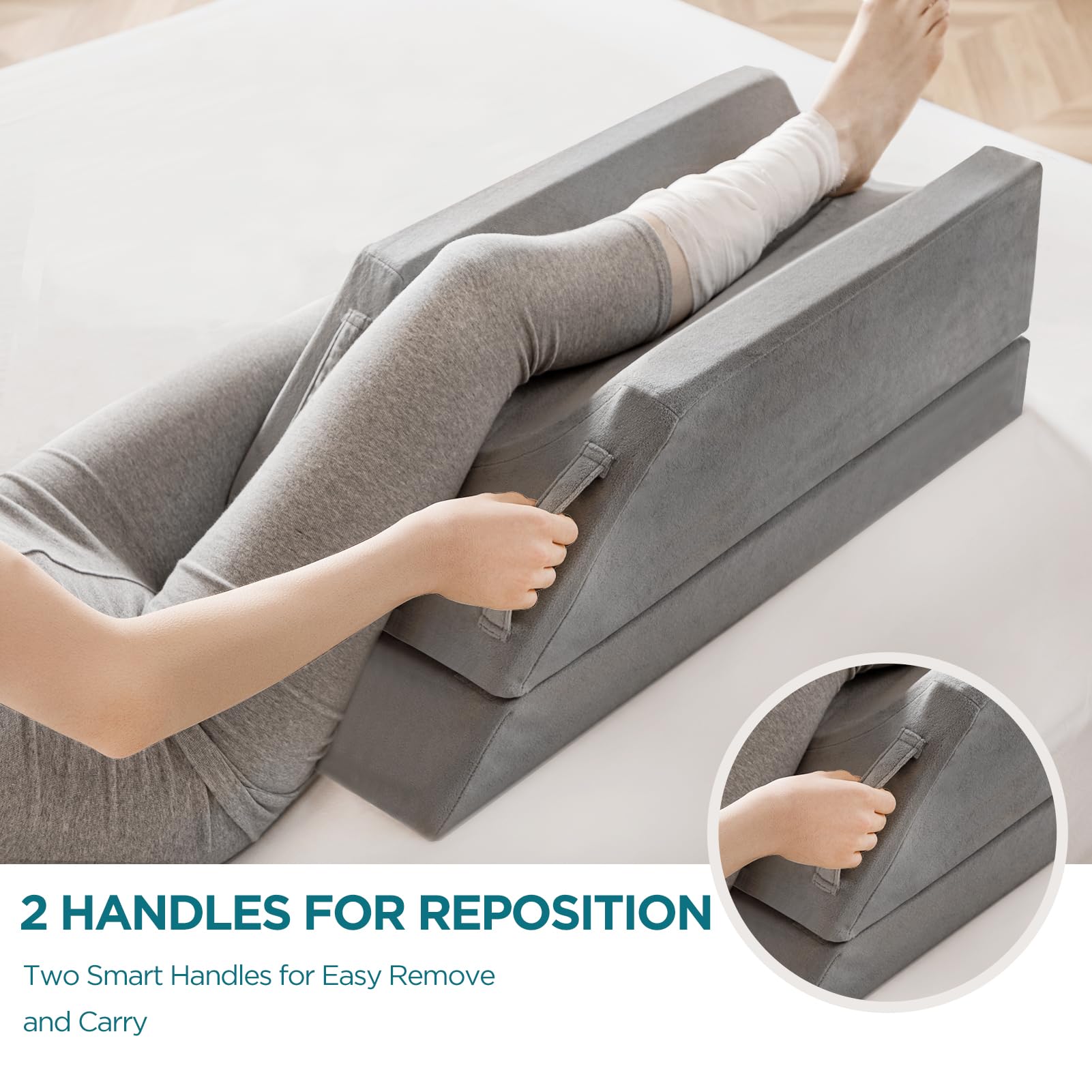 UBBCARE Almohadas de elevación de piernas para después de la cirugía, almohadas de espuma viscoelástica para dormir e hinchazón, almohada de rodilla ajustable de 3 alturas con asas y funda extraíble