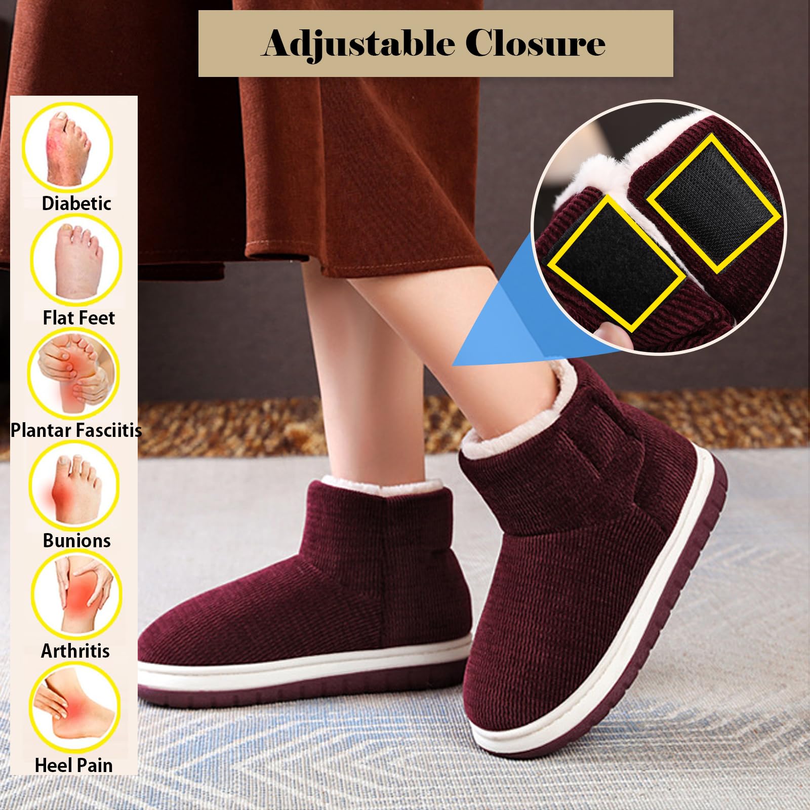 Bottines Hiver Femme Hommes Chaussons de Neige Fourrées Chaudes Pantoufles Fermeture Réglable Snow Boots Chaussures Antidérapantes