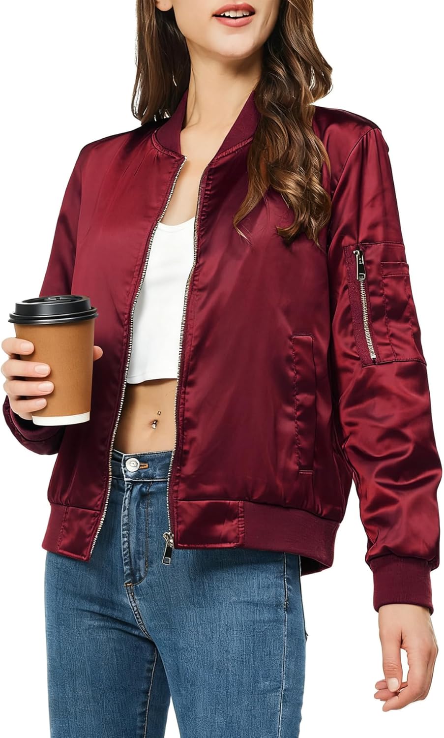 Rasujie Satin Bomber Jacket Women Zip Up Varsity Jacket Fall Windbreaker Outerwear with Pockets