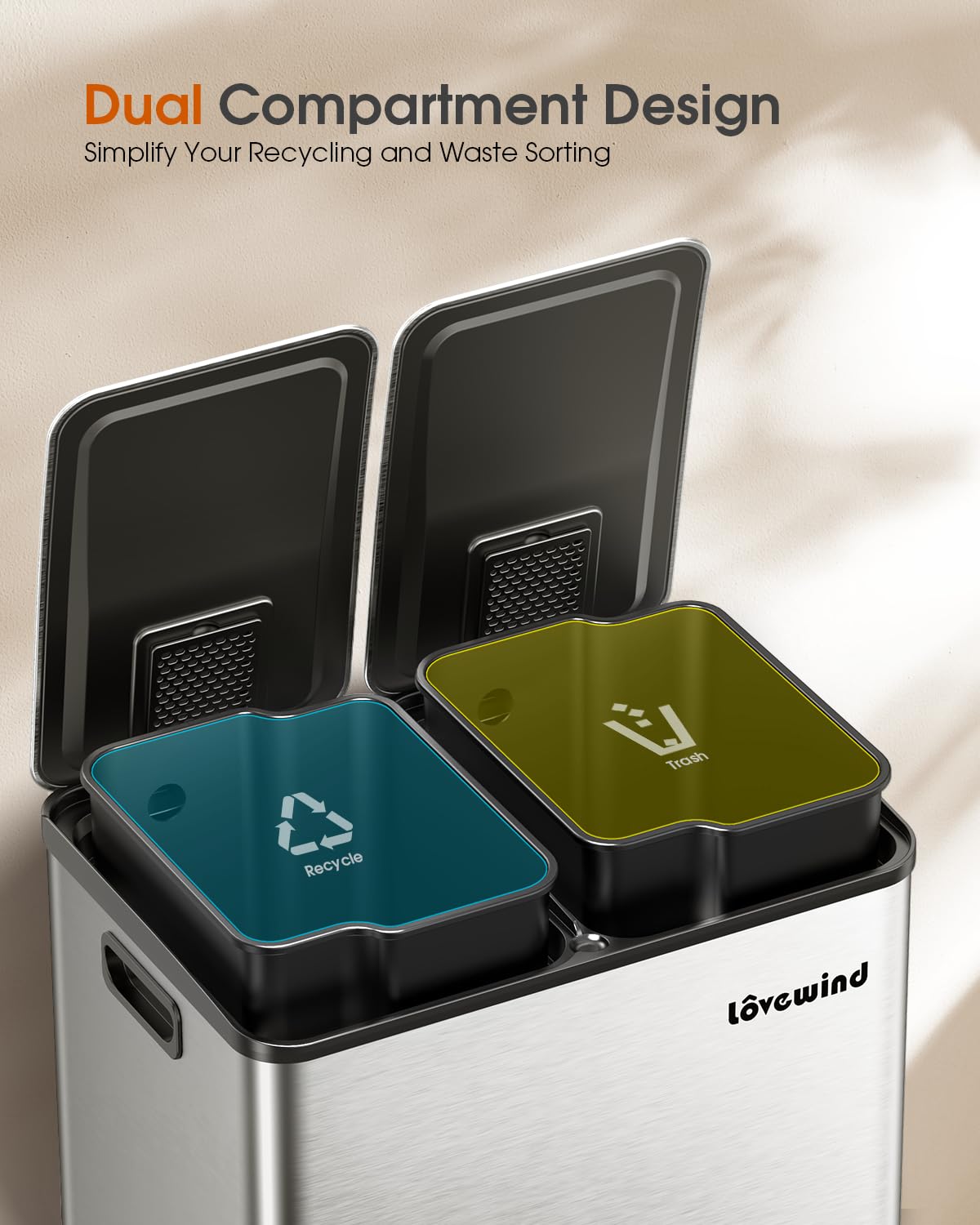 Lovewind Kitchen Trash Can, 2 x 8 Gallon (2 x 30 L) Stainless Steel Trash and Recycle Bin Combo with Soft-Close Lid, Dual Compartment Recycling Kitchen Step Trash Bin, Silver