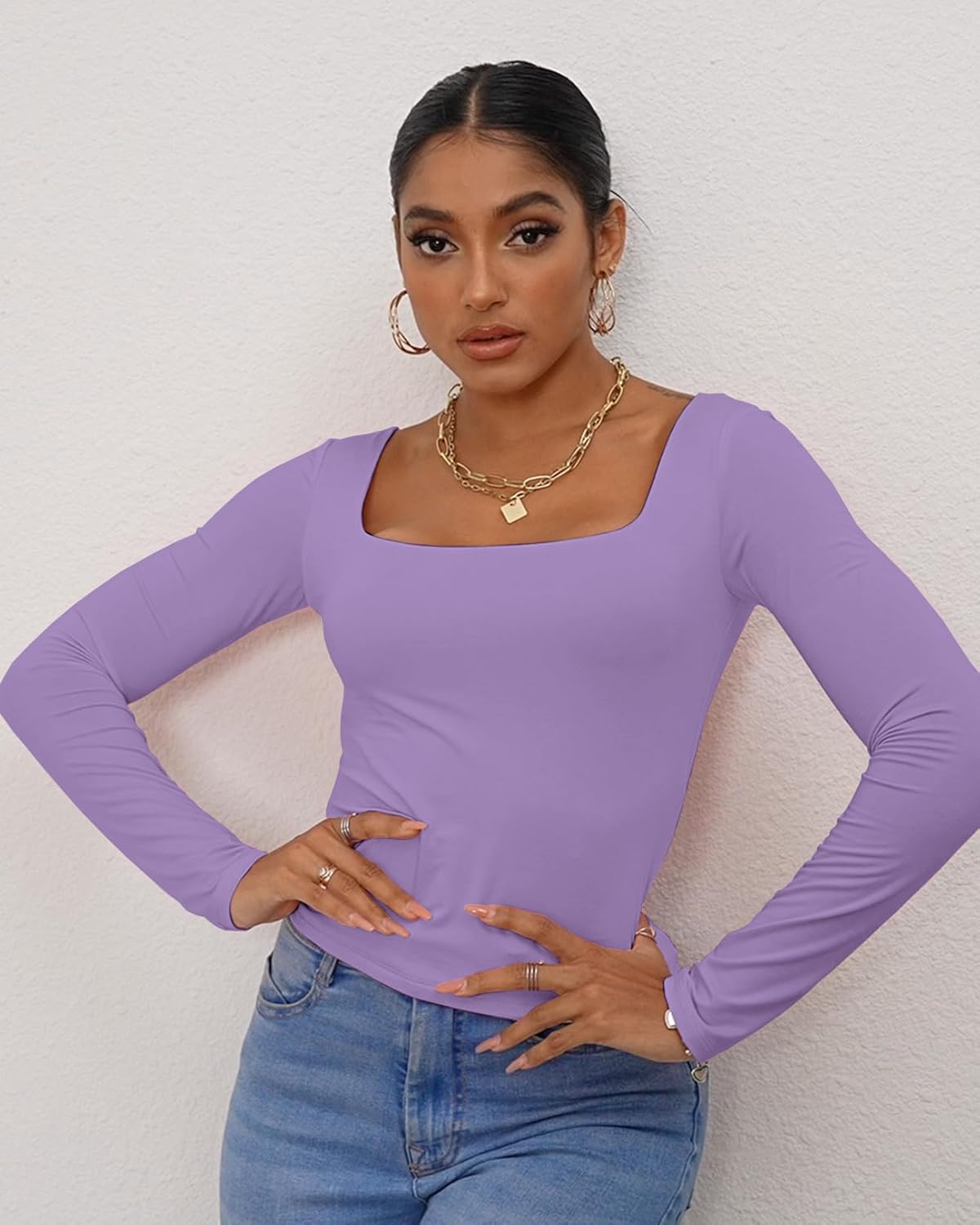 Dwnval Long Sleeve Shirts for Women - Basic Slim Fit Double Lined Square Neck Crop T Shirt - Image 3