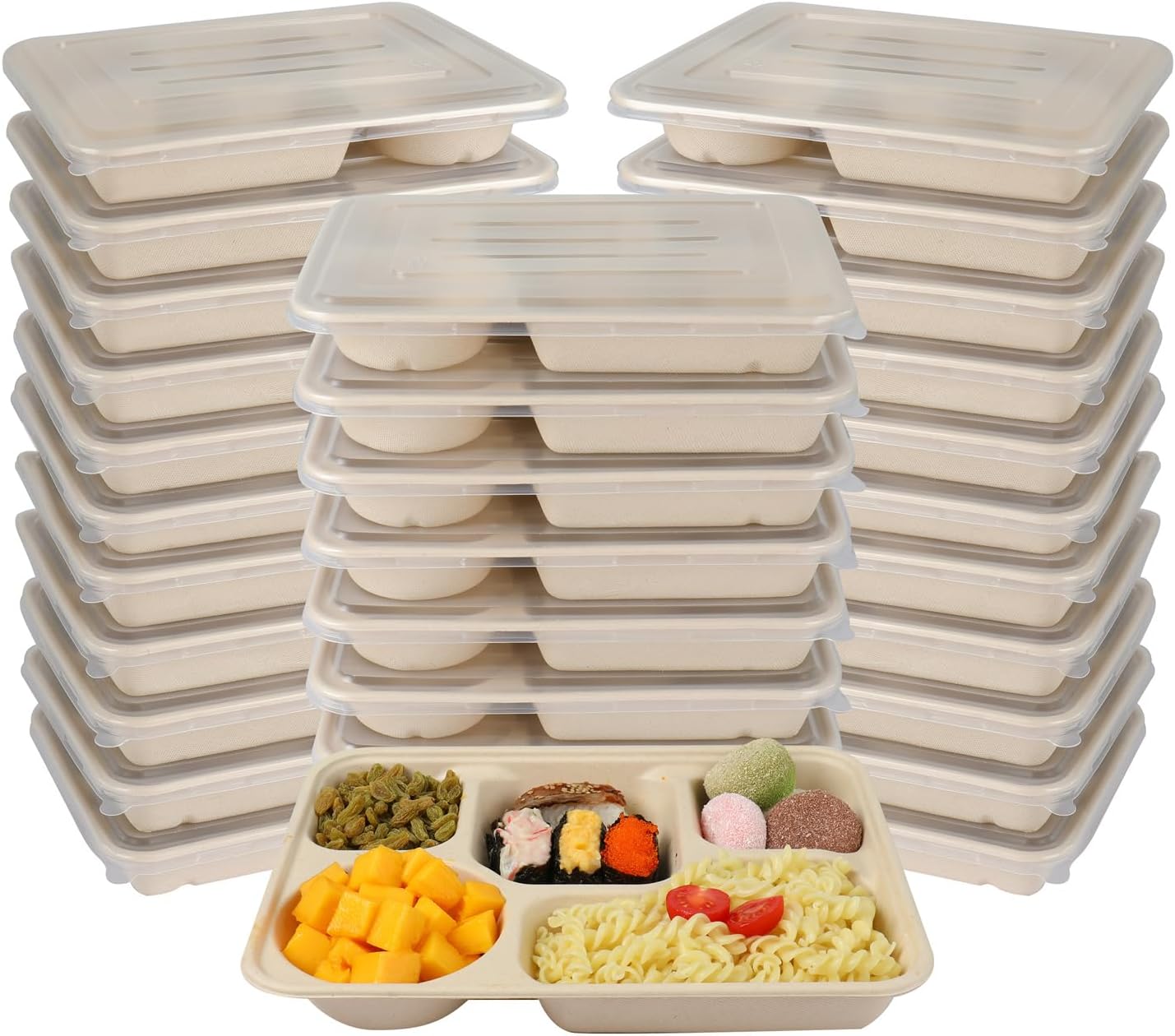 40 OZ 5 Compartments disposable plates with Lids Plant Fiber 25 pack