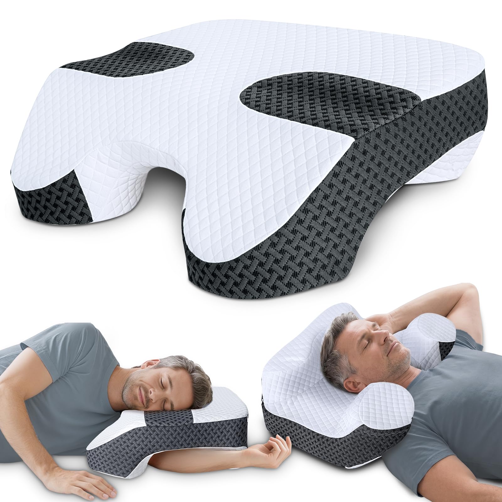 SAHEYER Almohada Cervicales y Cuello, 2 en 1 Almohada para Brazo Ergonómica, Almohada para Dormir de Lado Espuma Viscoelástica con 3 Huecos para los Brazos