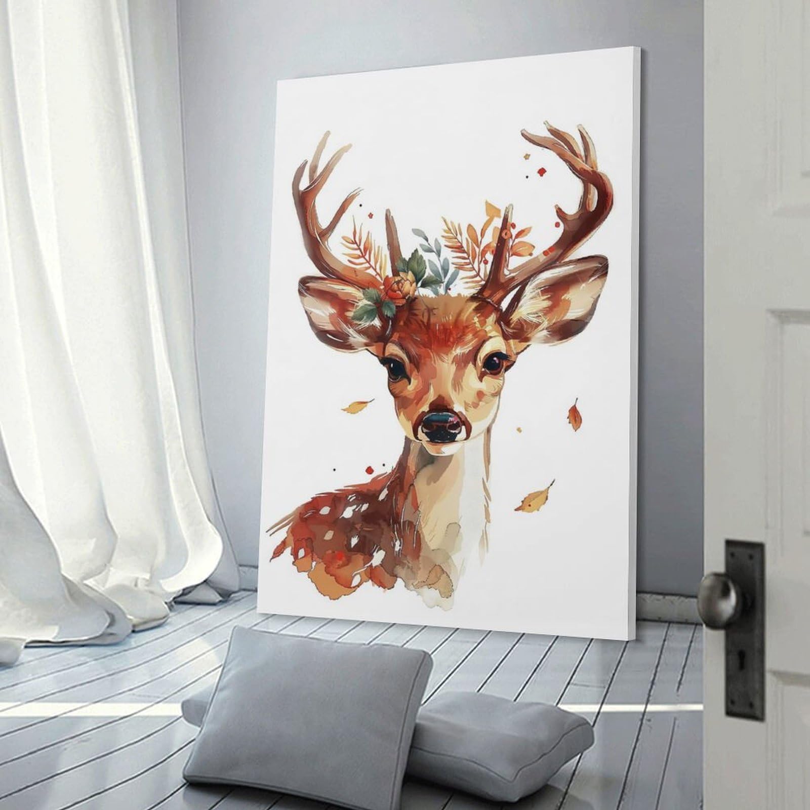 Junmoney Reindeer Flower Wall Picture Print 20x30inch(50x75cm), for Home Office, Desk Area Or Studio, Home Office Artwork with Decorative Appeal