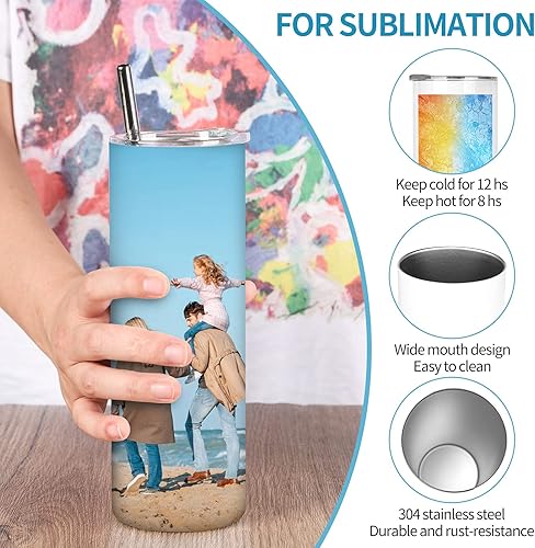 Miniatura 3 de DS Paquete de 10 vasos de sublimación de 20 onzas de acero inoxidable delgado aislado recto para sublimación en blanco con popote, tapa, cepillo y