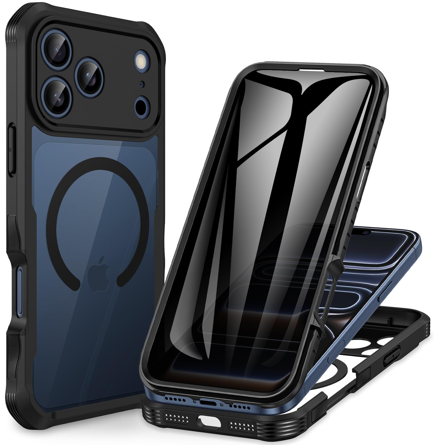 CENHUFO Magnetica Privacy Cover iPhone 17 Pro [Compatibile con Magsafe] Integrata 9H Vetro Temperato Anti Spia Schermo e Protezione Fotocamera, Custodia Antiurto 360 Gradi Doppia Faccia Case -Nero