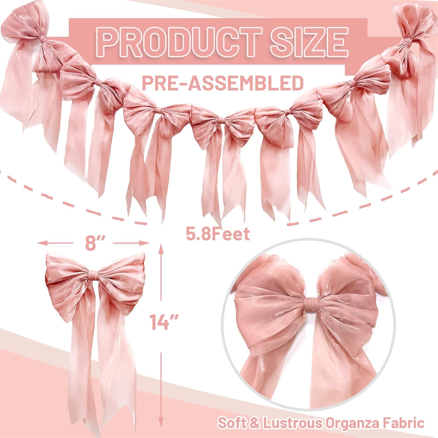 Pink Bow Garland Banner - Pre-Strung Bow Themed Party Decorations for Coquette Birthday Baby Shower Bridal Shower Bachelorette Decor Girly Party Supplies(Dusty Pink) - Image 3