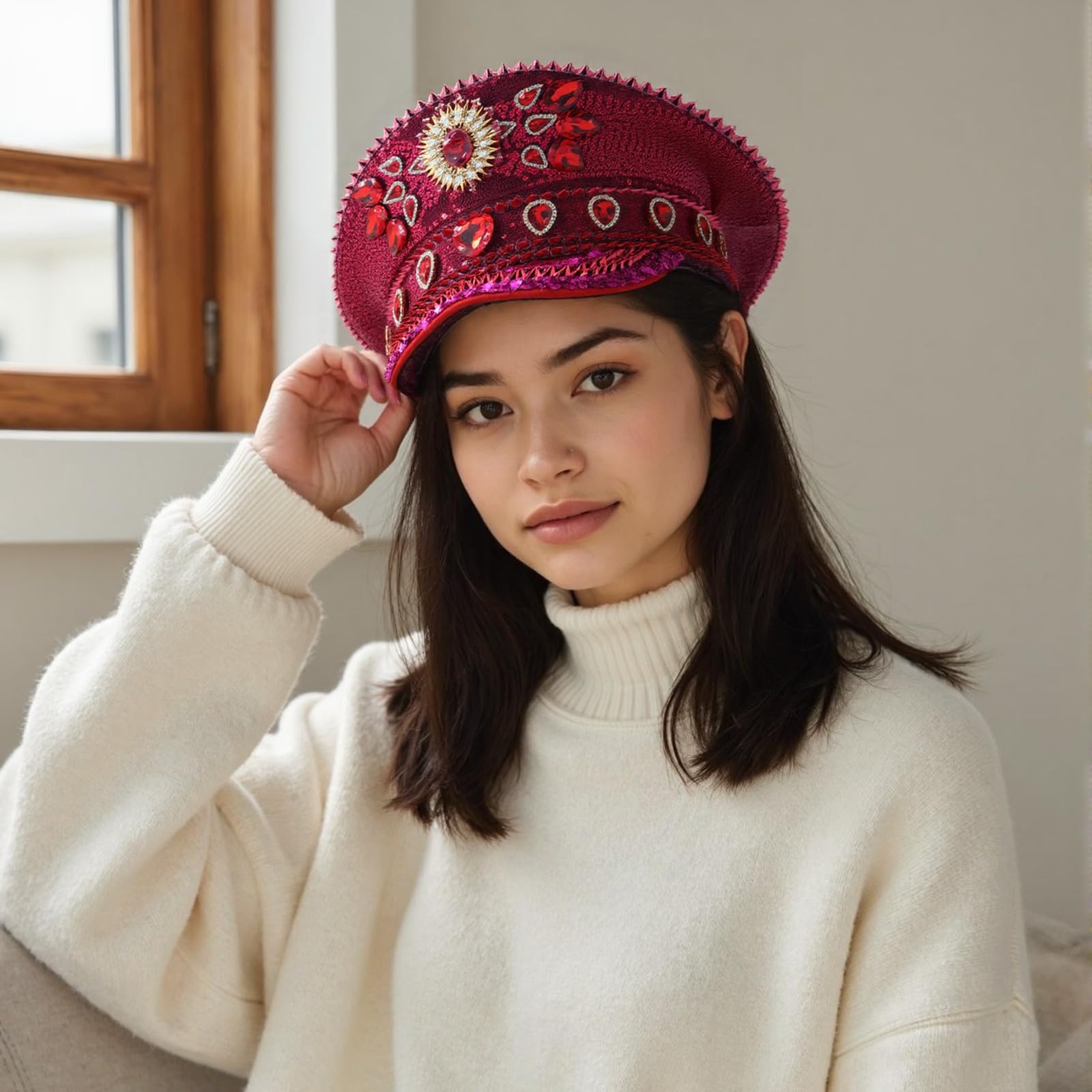 Jeweled - Cappello da capitano con cristalli pesanti, per ragazze e ragazzi, per carnevale, festival musicali, hip hop, moda