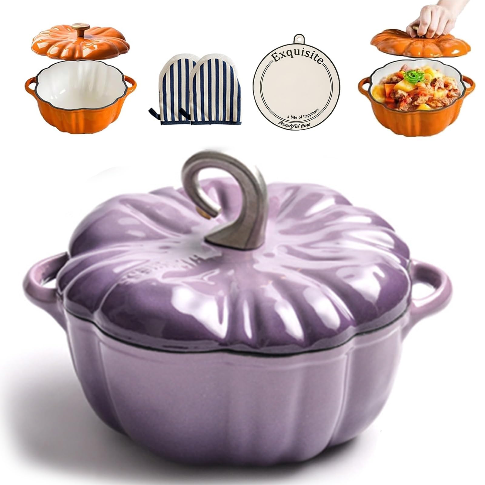 Horno holandés de calabaza de hierro fundido con tapa, olla esmaltada para todas las estufas, perfecta para decoración de cocina de Acción de Gracias y Halloween