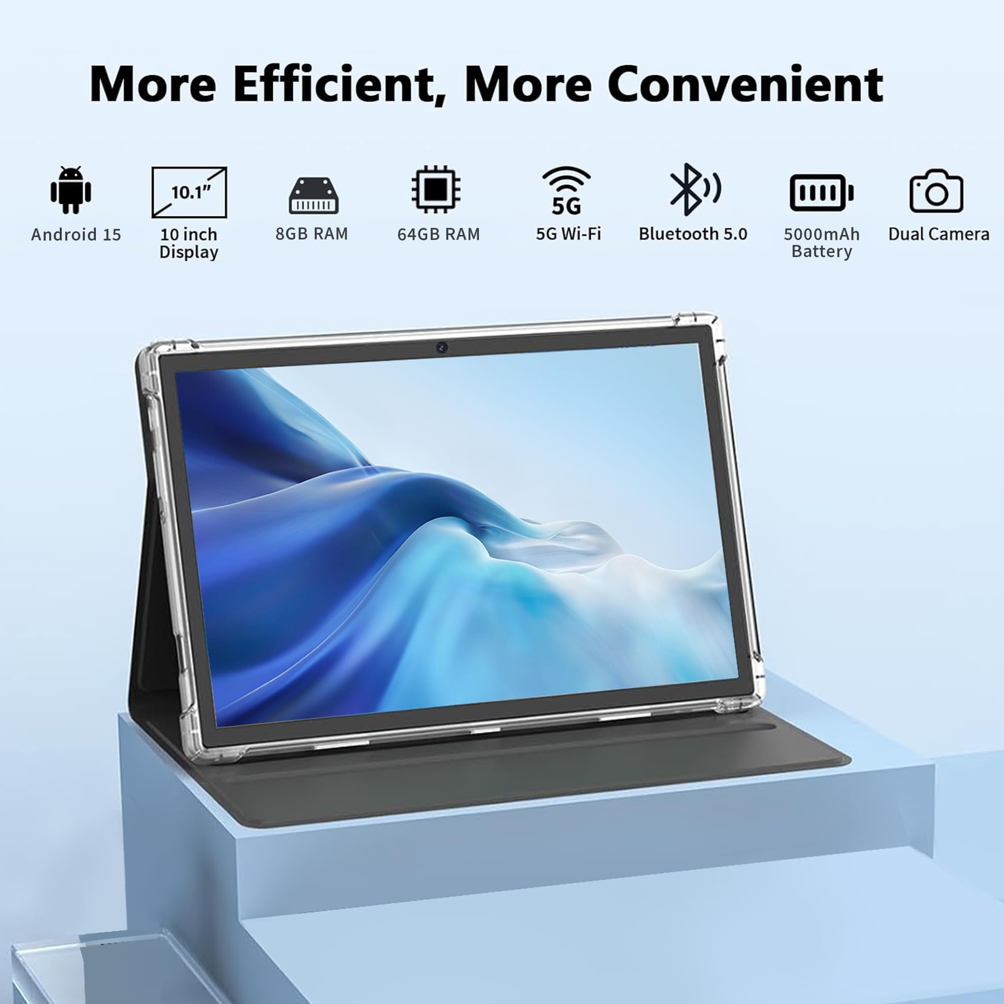 Tibtua Tablette 10,1 Pouces, Android 15, 8Go RAM + 64Go ROM(1 to Extensible) 5000mAh Batterie​, Quad-Cœur 5G WiFi Tablette Tactile, 5+13MP Caméra​, Bluetooth (​Gris​​)