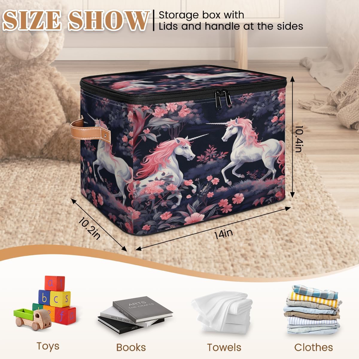 Storage Bin Set of 2 Florals Unicorn Storage Basket with Zipper Lid & Handle Foldable Closet Shelf 2 Pack Cloth Organizer Basket Cube Bins Clothes Organizer for Bedroom, Nursery