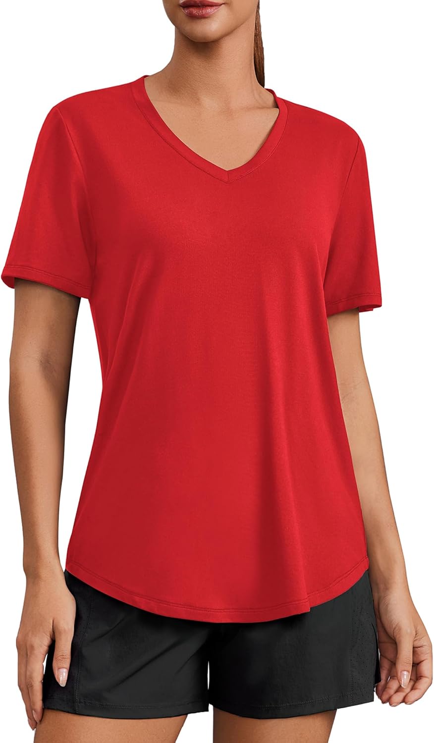 PINSPARK Soft Workout Tops for Women Short Sleeve V Neck Moisture Wicking UPF 50+ Sun Protection Quick Dry Gym Shirts