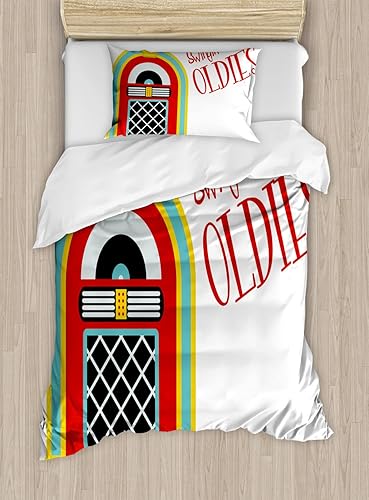 Miniatura 31 de Ambesonne Jukebox Duvet Cover Set, Digital Retro Print Party Themed Old Antique Music Radio, Decorative 3 Piece Bedding Set with 2 Pillow Shams,