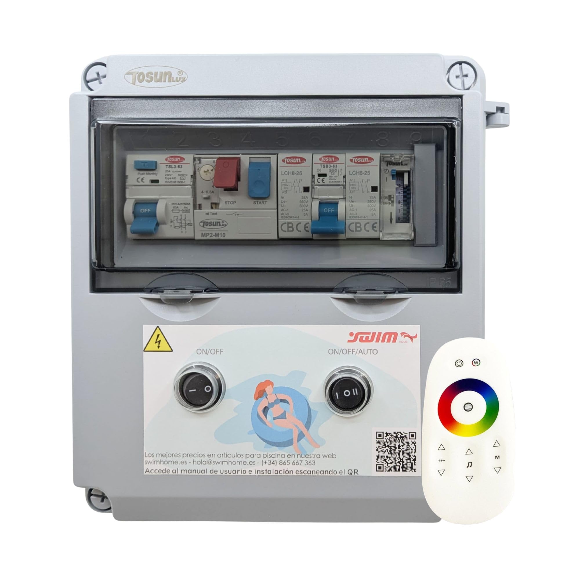 SWIMHOME Cuadro Eléctrico Piscina WiFi 60W 12V DC Contactor Clorador y Guardamotor 2CV 6-10A ABS Gris