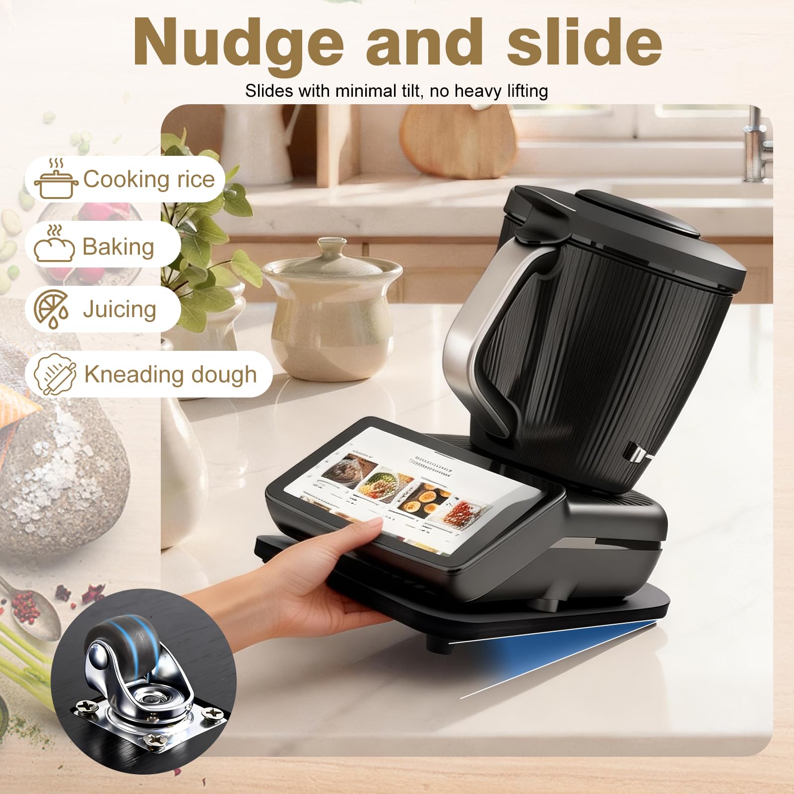 Deska ślizgowa do Thermomix TM 7, podstawka do Thermomix z rolkami, stabilna i łatwa do przenoszenia, bambusowa drewniana taca kompatybilna z Thermomix TM7