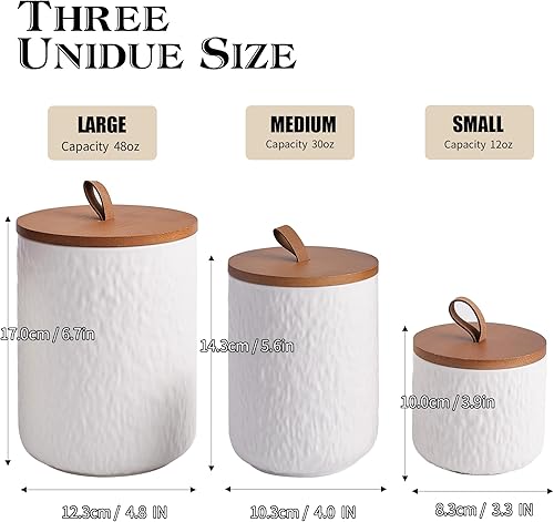 Miniatura 2 de JOJUNO Juego de recipientes de cerámica blanca con tapa de madera, tarros herméticos de almacenamiento de alimentos de 3 piezas para encimera