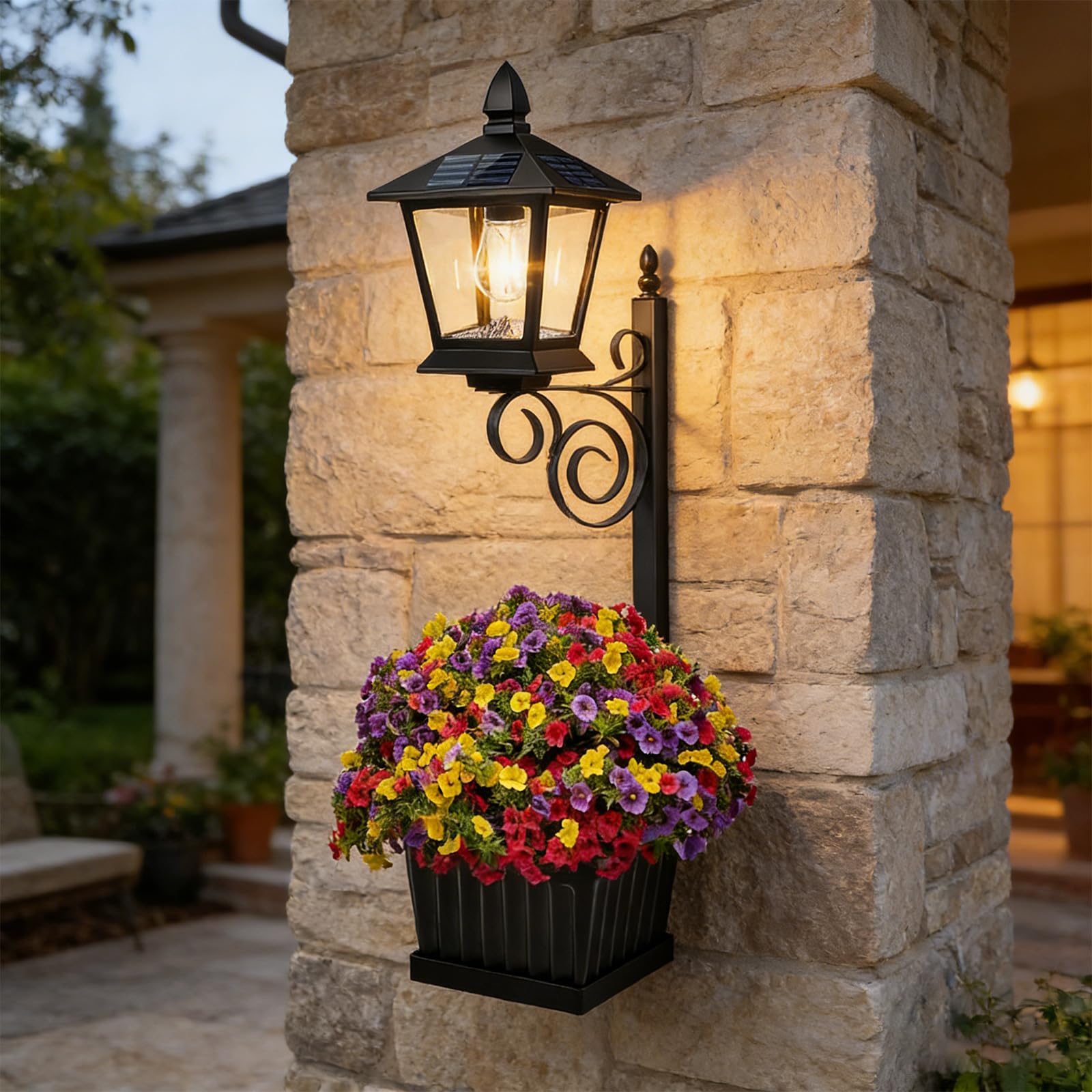 Macetas de flores para exterior 2 en 1 con lámpara solar, lámpara de poste solar con jardineras independientes, lámpara solar decorativa impermeable IP65 para terraza, hall frontal, decoración de