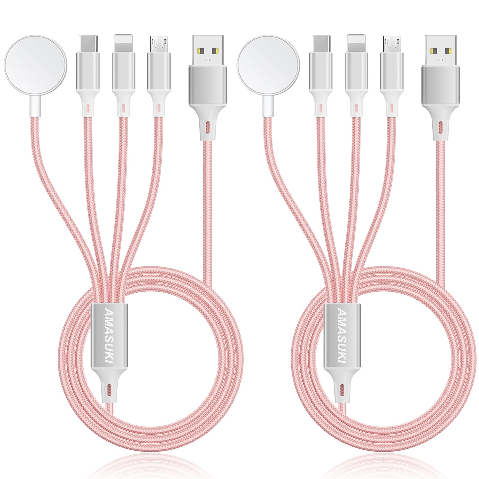 2Pack Multi Charging Cable for Apple Watch Charger 4 in 1 Travel Essentials RV Camping Essentials USB C/L/Micro Compatible with iWatch Series 11-1/iPhone 17/16/15/Android Airplane Gadgets-4FT/Pink