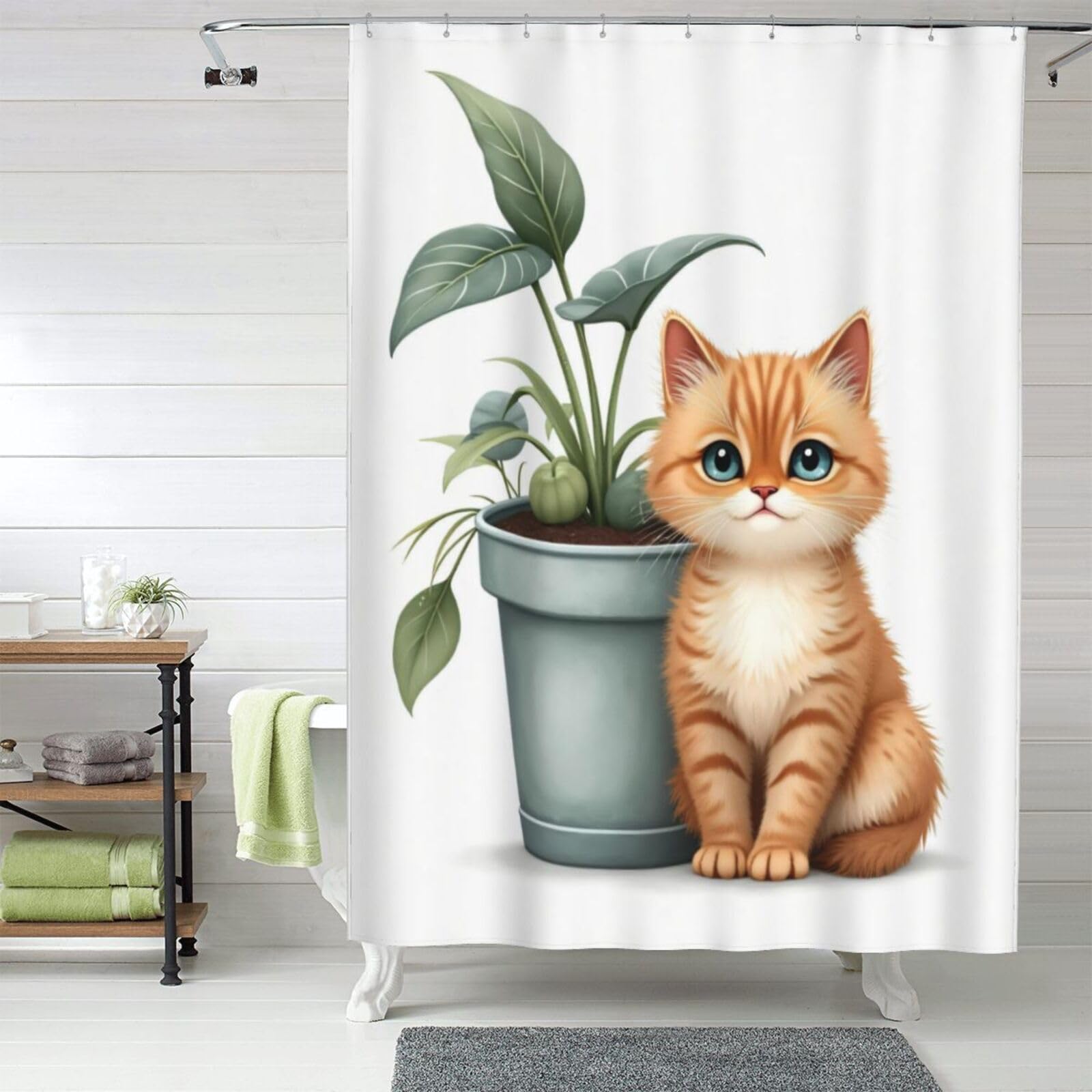 Rideau de douche tissu opaque 152,4 x 183 cm accessoire salle de bain chat botanique