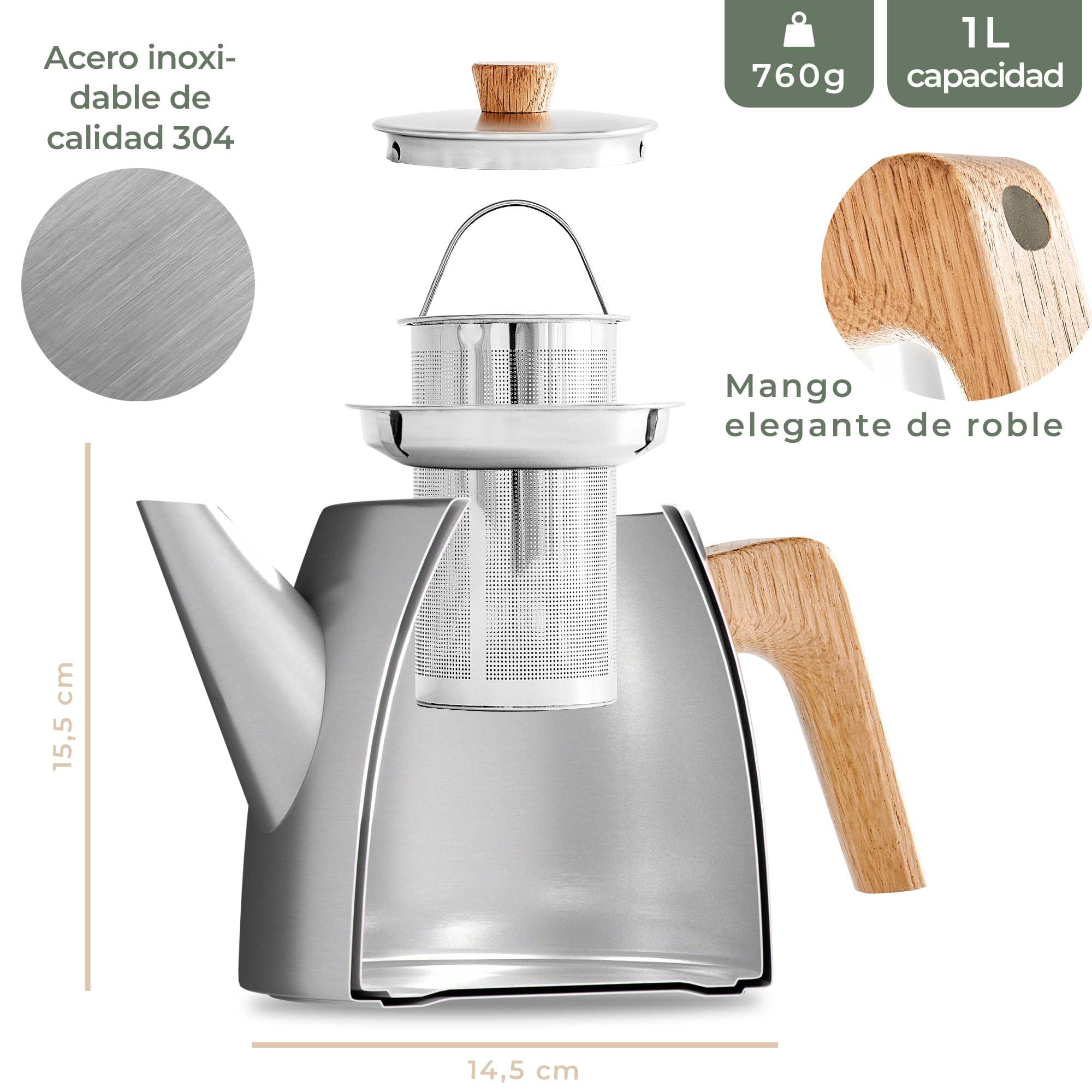 WALDWERK Tetera con colador (1,1 L) – térmica de doble pared – Tetera con filtro de acero inoxidable 304 – con asas de madera de roble macizo – 100% antigoteo