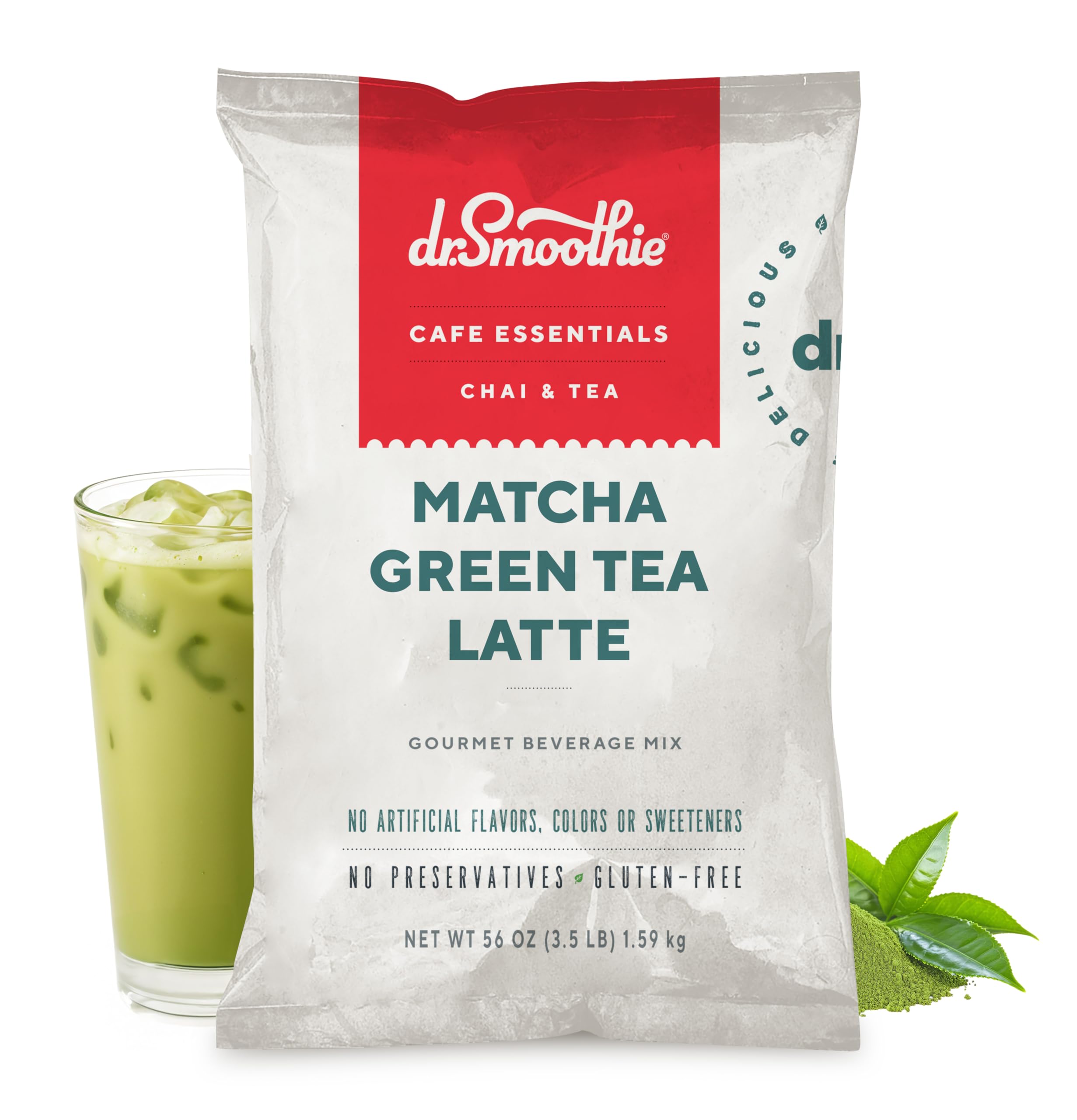 - Dr. Smoothie Café Essentials Matcha Green Tea Latte – No Artificial Colors, Flavors, or Sweeteners – Shelf Stable – 51mg of Caffeine – Great for Hot, Iced, & Frozen Frappes (3.5 lb Bag, 30 Servings)