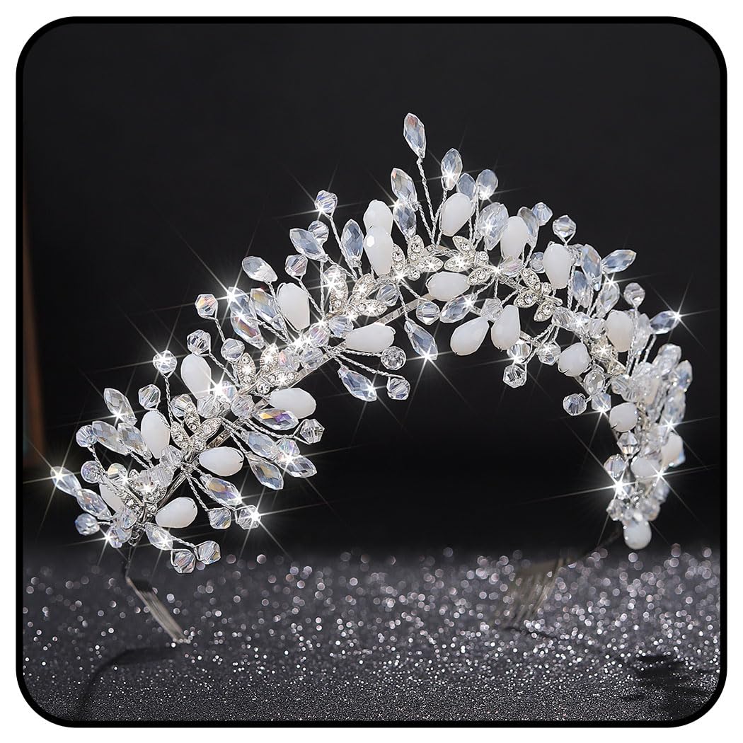 Zoestar Tiara de boda coronas de plata rhinestone corona diadema cristal hoja princesa tocado perlas nupcial tocado para mujeres y niñas, Cristal