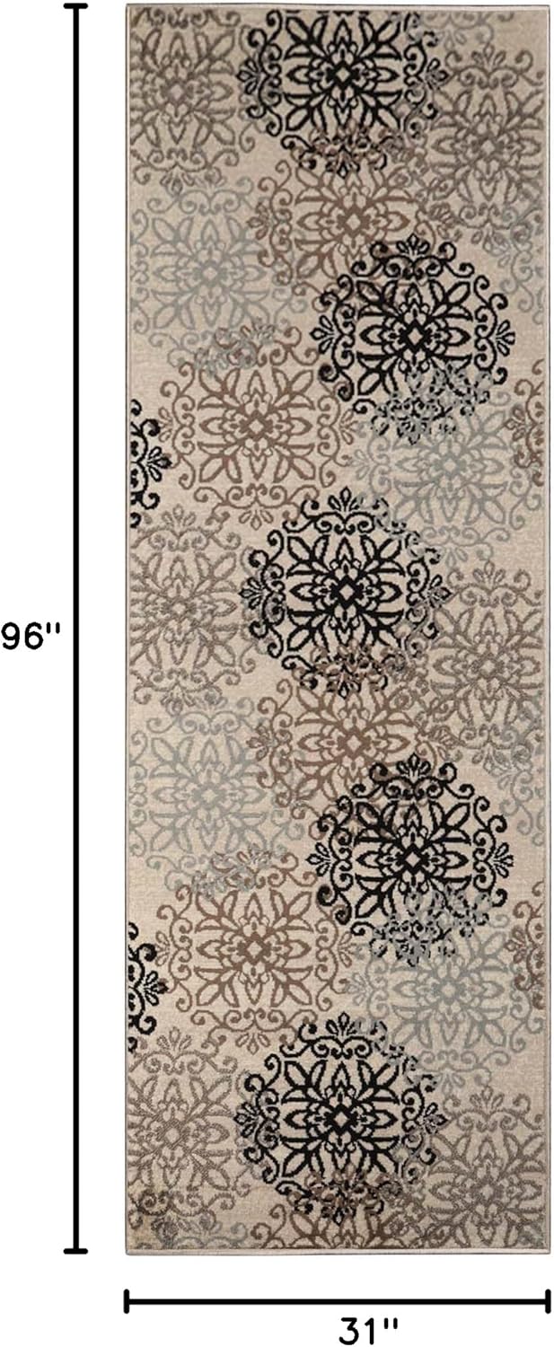 Superior Indoor Runner Rug, Jute Backed, Perfect for Entryway, Office, Living/Dining Room, Bedroom, Kitchen, Hardwood Floor, Floral Scroll Decor, Leigh Collection, 2' 7" x 8', Multi-colored