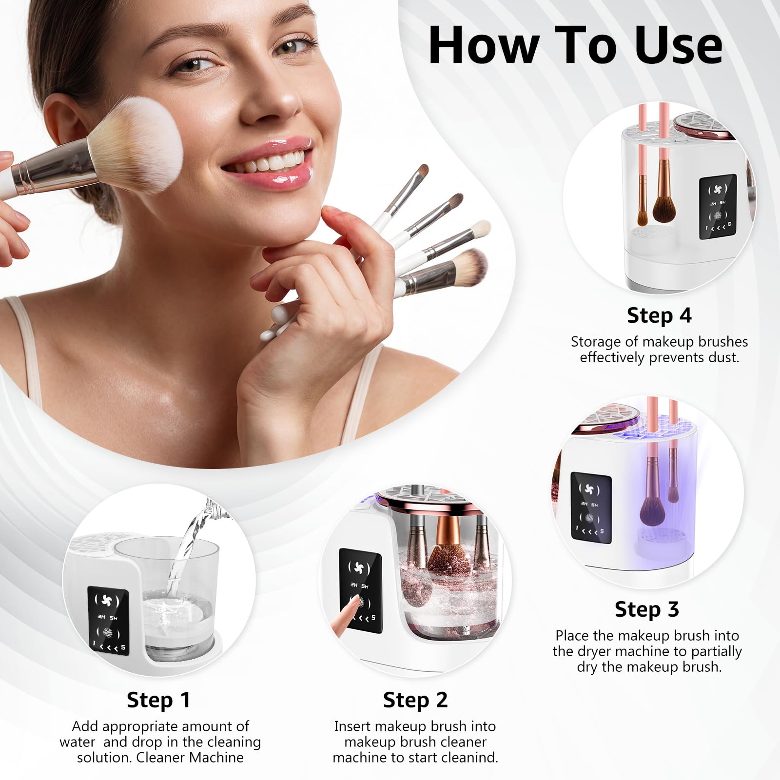 Nettoyeur et séchoir électrique 3 en 1 pour pinceaux de maquillage, machine de nettoyage automatique de pinceaux avec nettoyage en profondeur double direction et séchage réglable, outil cosmétique