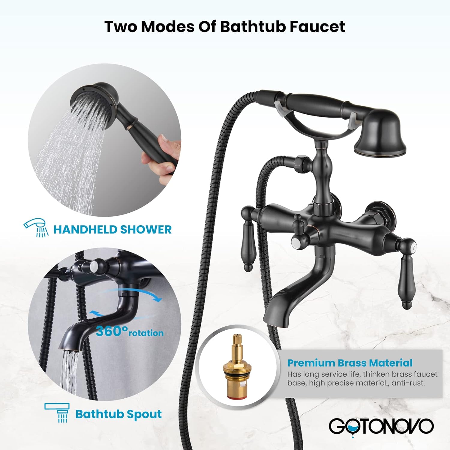 gotonovo 3 3/8 Vintage Bathtub Filler Wall Mount Clawfoot Tub Faucet Shower Kit with Handheld Shower 2-Functions Double Level Handle Vintage Telephone Handheld Shower Oil Rubbed Bronze