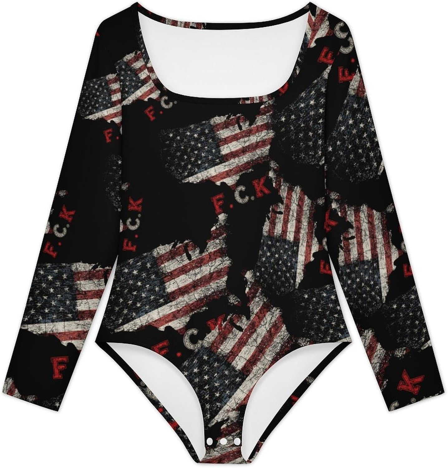 USA Flag Map FCK Women's Bodysuits Long Sleeve Top 5XL