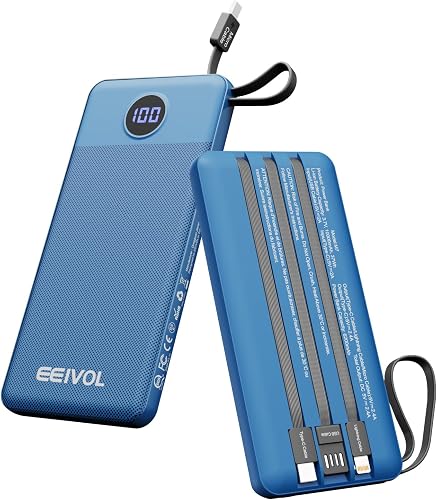 Portable Charger with Built in Cables, Slim 10000mAh Power Bank, USB C Battery Pack Travel, 4 Output 2 Input External Charging Bank for iPhone 17/16/15/14/13,Samsung, Android, etc-Blue(1 Pack)