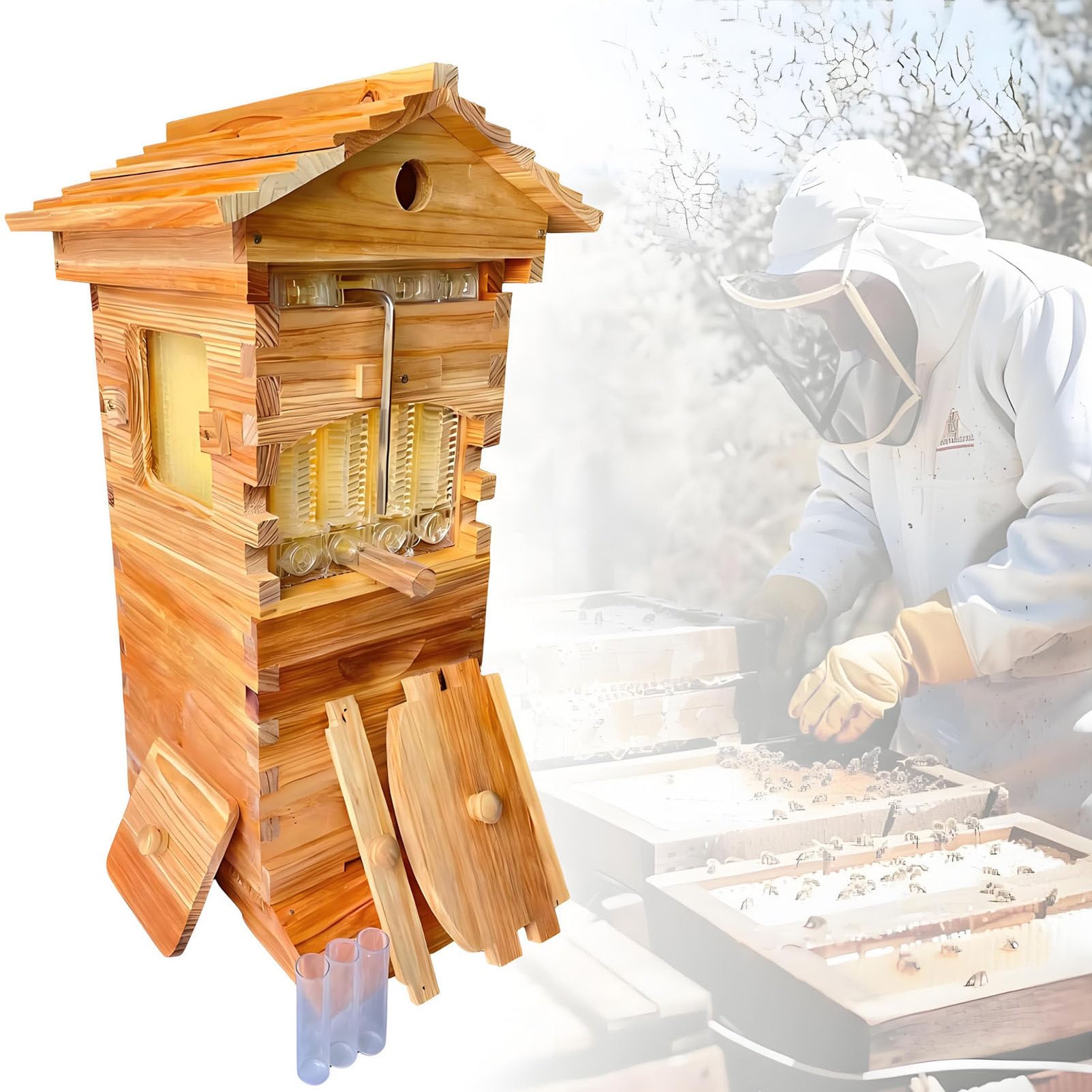 Caibendss Self-Flowing Wooden Beehive, Beehive Starter kit, Includes 4 bee Frames and 6 Honeycomb Trays, Automatic Honey Harvesting for Beekeeping, Garden Pollinators