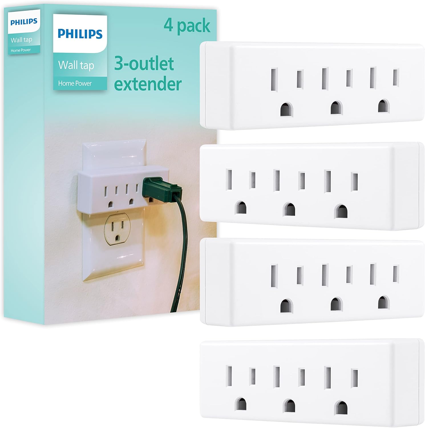 Philips 3-Outlet Extender, 4 Pack, Grounded Wall Tap, 3-Prong Adapter, Multiple Plug, Power Splitter, Cruise Essentials, Use for Home Office School Dorm, UL Listed, White, SPS1632W/37