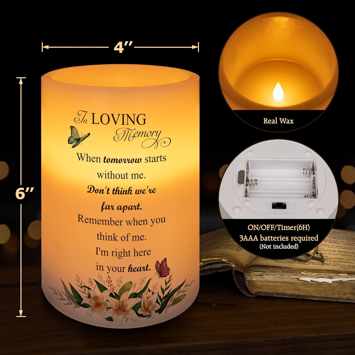 Flameless Candle Real Wax LED Light with Timer Sympathy Gift for Loss of Loved One Memorial Gifts for Loss of Mother Father Bereavement Gifts Remembrance Gifts (6" x 4")