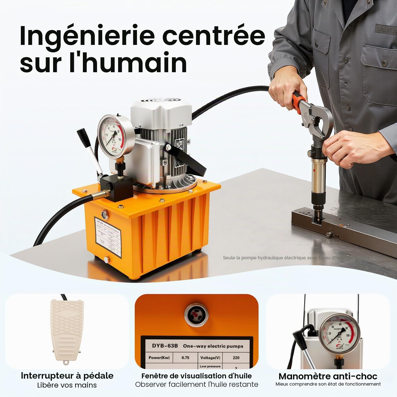 Pompe hydraulique électrique 750 W 220 V, groupe hydraulique professionnel jusqu'à 70 MPa/10 000 PSI pour cylindre hydraulique à double action, convient pour l'industrie avec manomètre pour lever