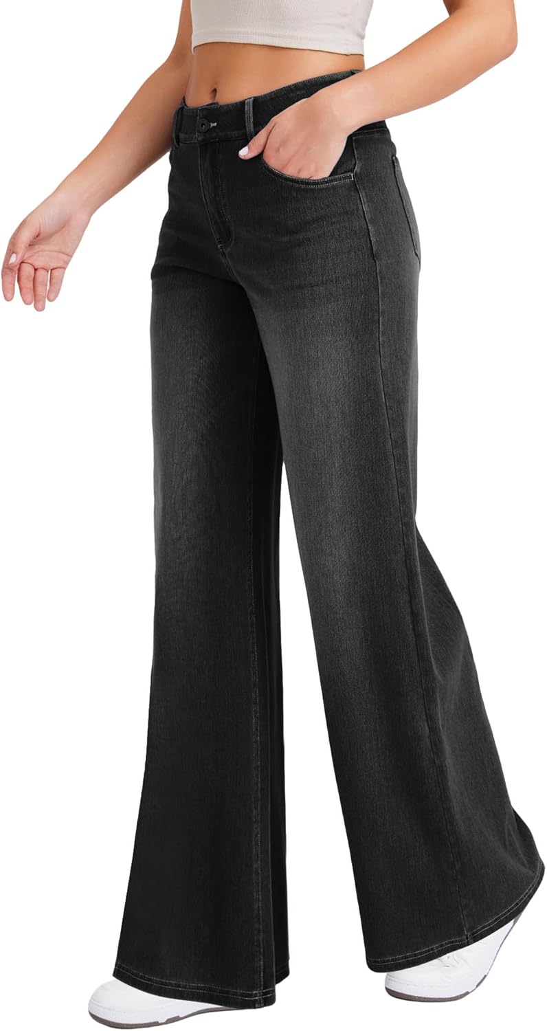 ウィメンズワイドレッグジーンズ 伝統的なボタンとジッパーの前立てデザイン、ストレートカット、高弾性デニムパンツ