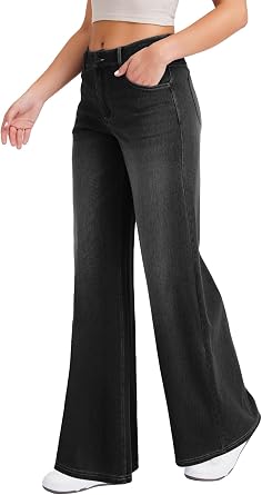 Wide Leg Jeans for Women with a Traditional Button and Zipper Placket Design,Straight Cut, Loose fit,Suitable for Casual, Yoga, Fitness High Elasticity Denim Pants.(DarkGreyL)