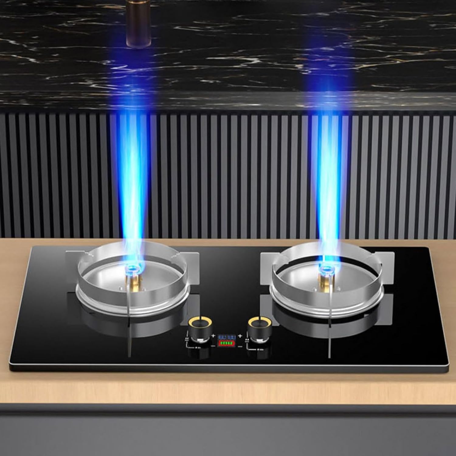 Gas Stove 2 Burners,5.2kw Fire Ring Countertop,180min Bilateral Timer,Round Prevent Skidding Pot Rack,NG/LPG Source Kit,Flameout Protection(LPG)