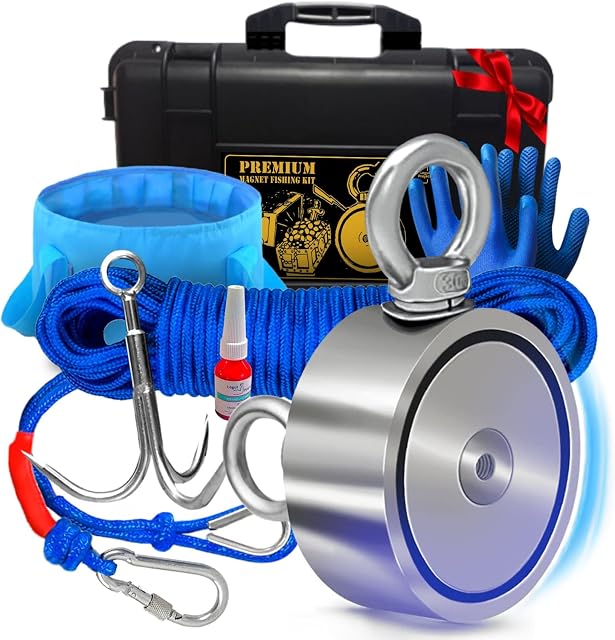 Logui Projects 1200 LB Magnet Fishing Kit with Case - 2 Fishing Magnets in 1 (Double Sided Magnet) - with Grappling Hook, Heavy Duty 65FT Rope, Gloves, Foldable Bucket, Carabiner - Fishing Magnet Kit