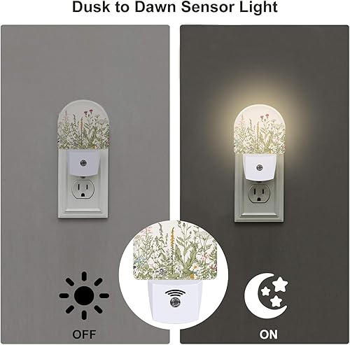 Miniatura 3 de Luz nocturna de hierbas y flores silvestres para niños, acuarela verde botánica, hojas florales, luz nocturna enchufable con sensor de atardecer a