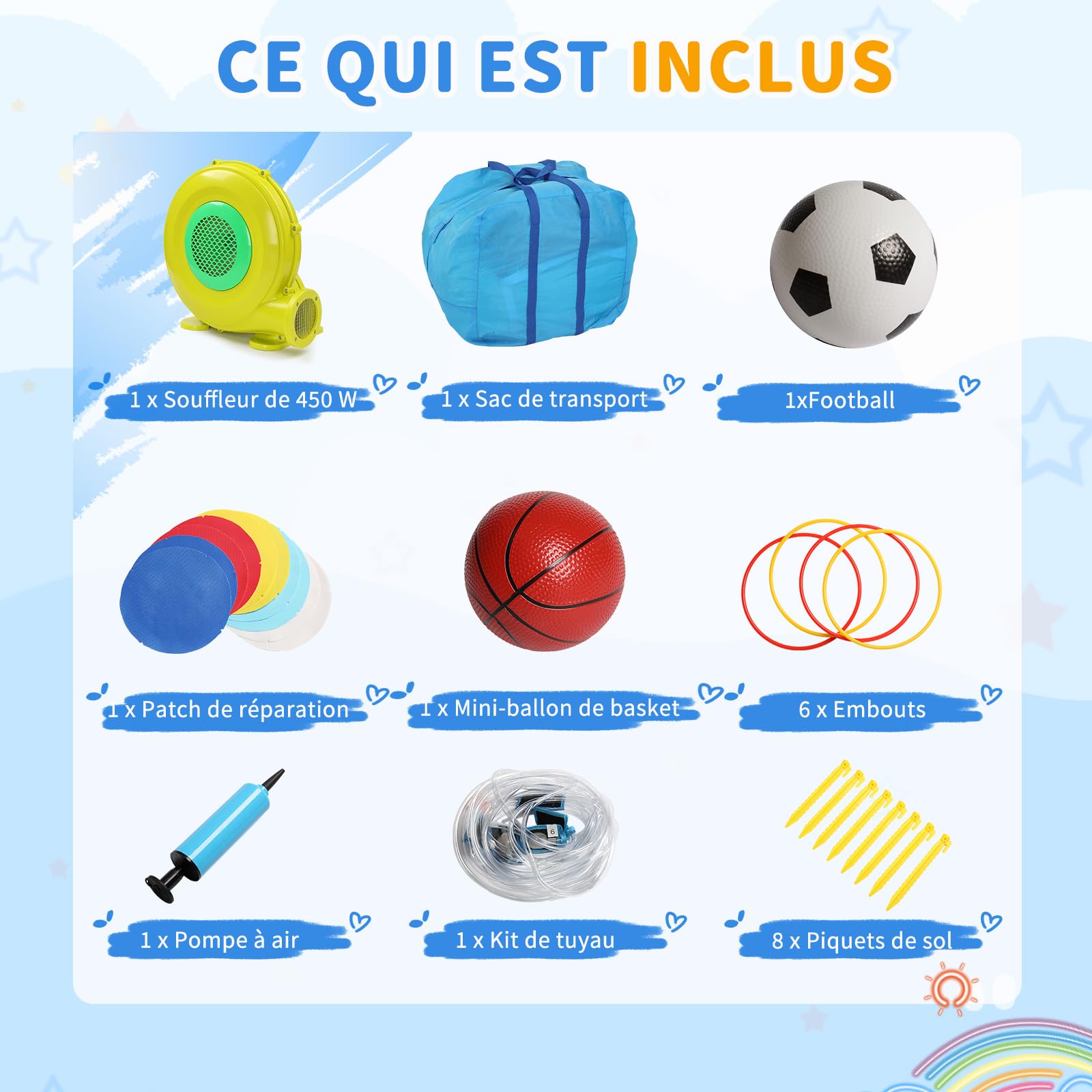 LEADZM Château Gonflable sur Le Thème du Sport avec Souffleur, Buts de Football, Paniers de Basket, Longue Barrière de Toboggan et Aire de Jeux d'ea, 400 * 305 * 225cm