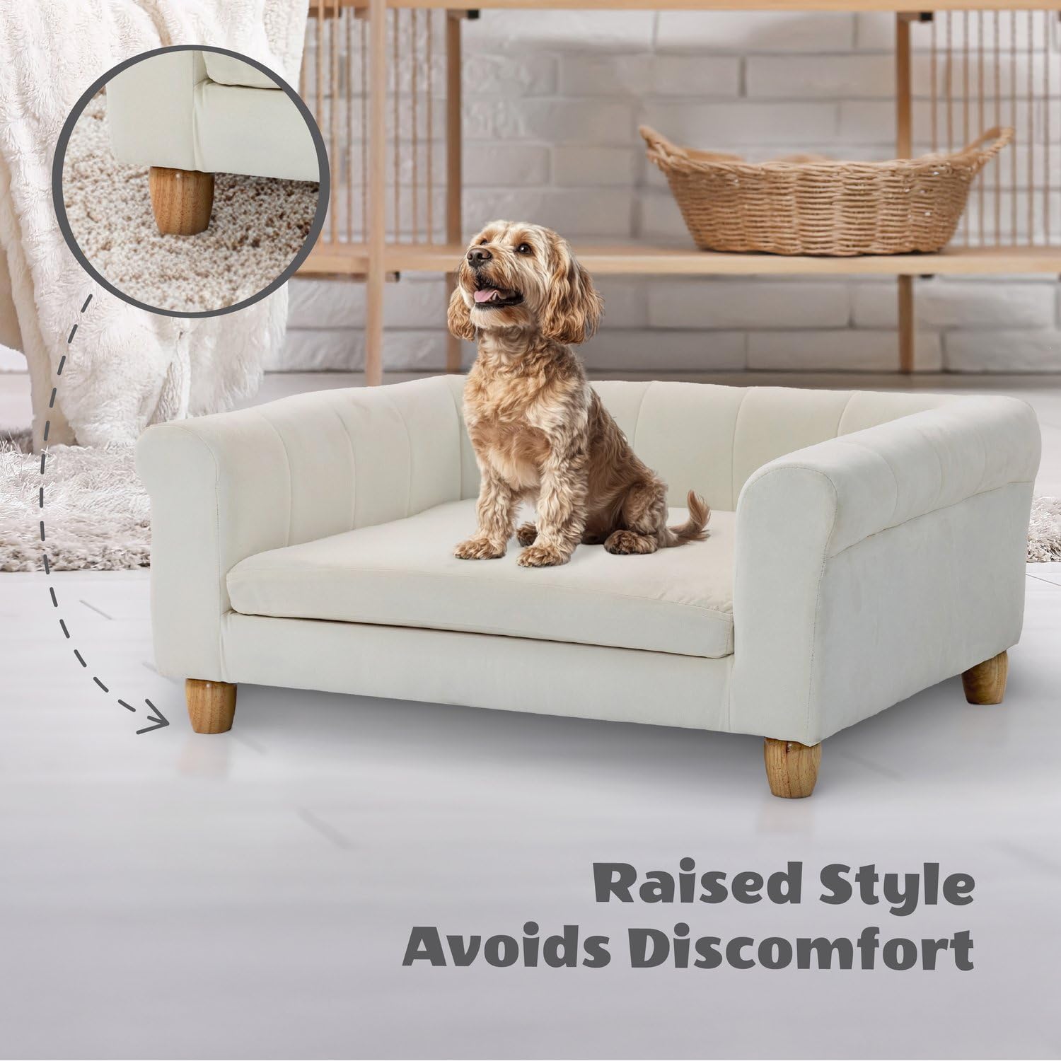 CRITTER SITTERS 33” Faux Suede Ped Bed in Cream, Durable Washable Sofa Couch for Small & Medium Cats & Dogs, Must Have Accessory for Yorkies, Shih Tzus & Frenchies, Kitten & Puppy Essential Furniture